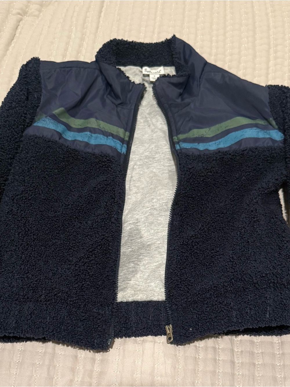 Splendid Navy Sherpa Jacket with Blue and Green Stripe Accents
